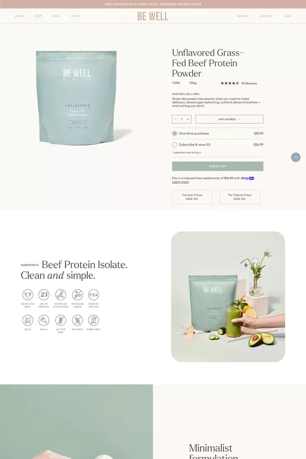 Unflavored Protein Powder from Swedish, Grass-Fed Beef | Be Well by Kelly - Product page design inspiration