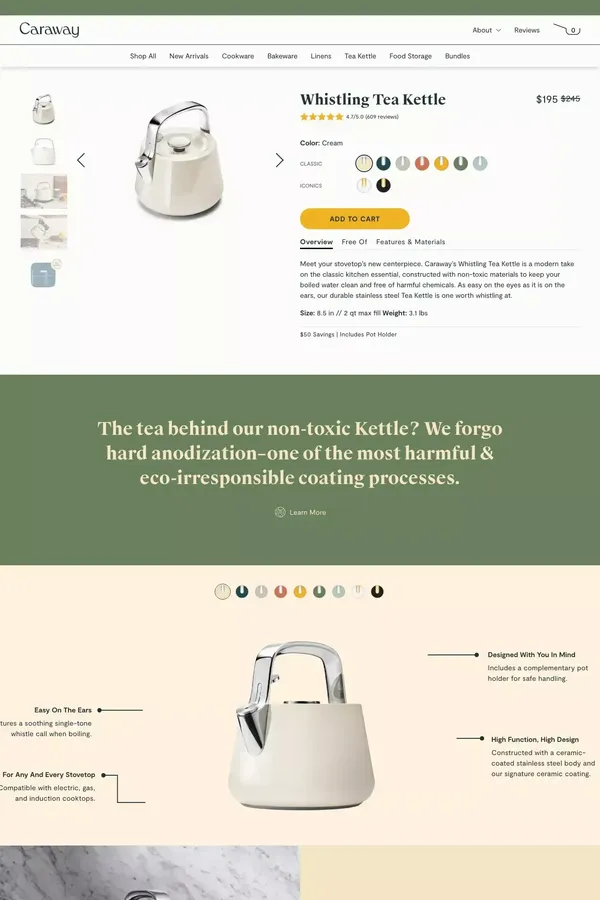 Whistling Tea Kettle | Non-Toxic | Modern & Durable Stainless Steel Design | Caraway - Product page design inspiration