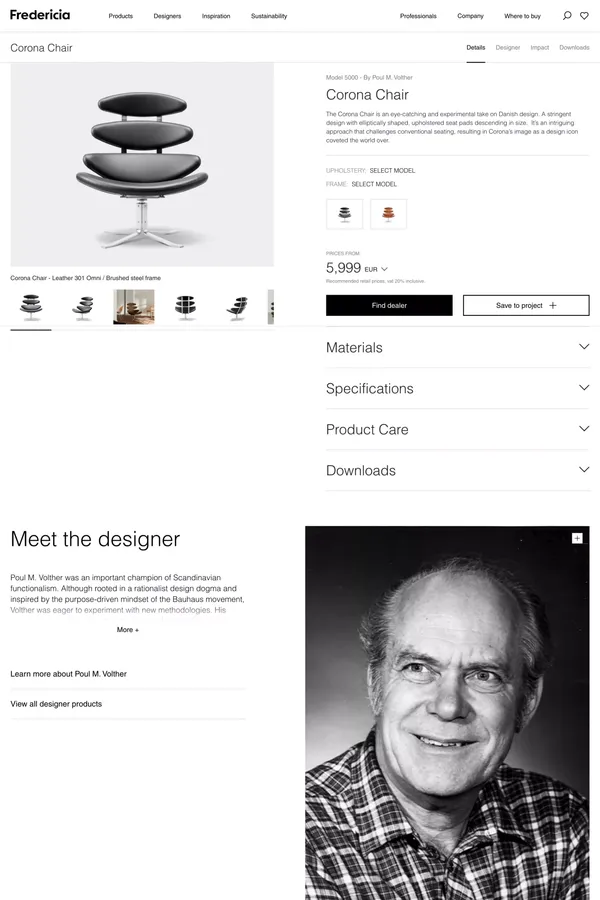 The Corona Chair - Poul M. Volther - Fredericia Furniture - Product page design inspiration
