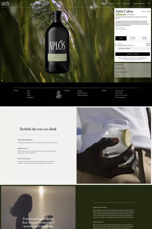 Aplós Calme - Hemp-Infused Non-Alcoholic Spirit - Product page design inspiration