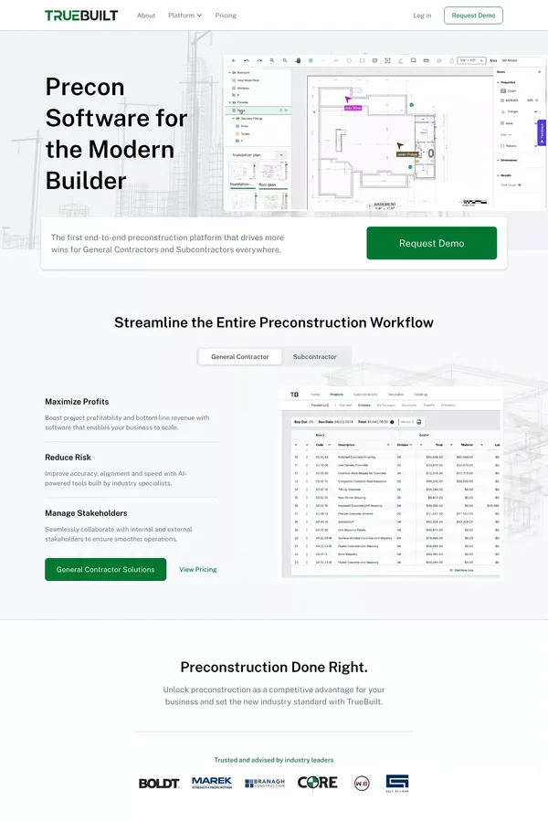 Truebuilt Software - Leading pre-construction services platform for general contractors and subcontractors. - Other design inspiration