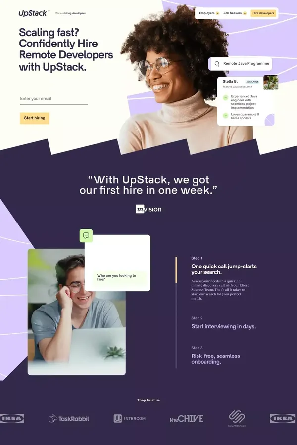 Hire Remote Developers | 1 on 1 Hiring Support with UpStack® - Landing design inspiration