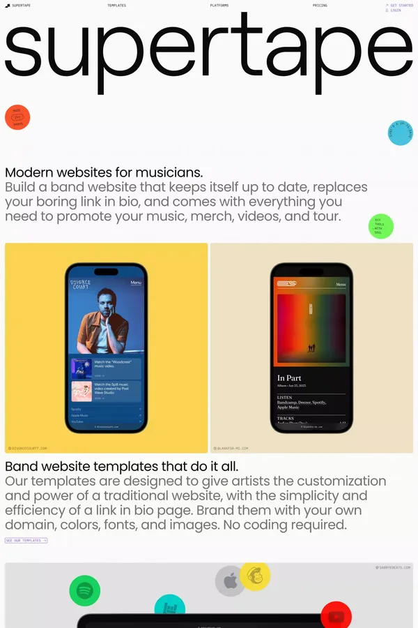 Musician Website Builder - Band Smart Link in Bio - Supertape - Landing design inspiration