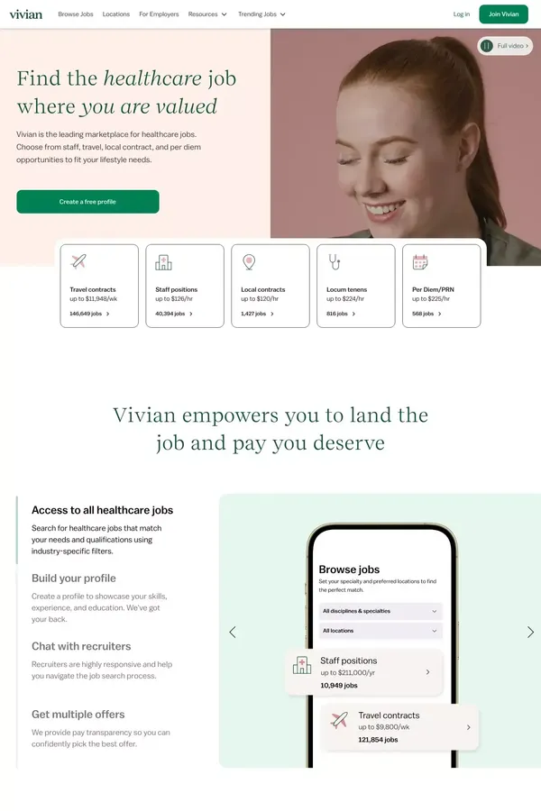 Find Healthcare & Nursing Jobs | Vivian Health - Landing design inspiration