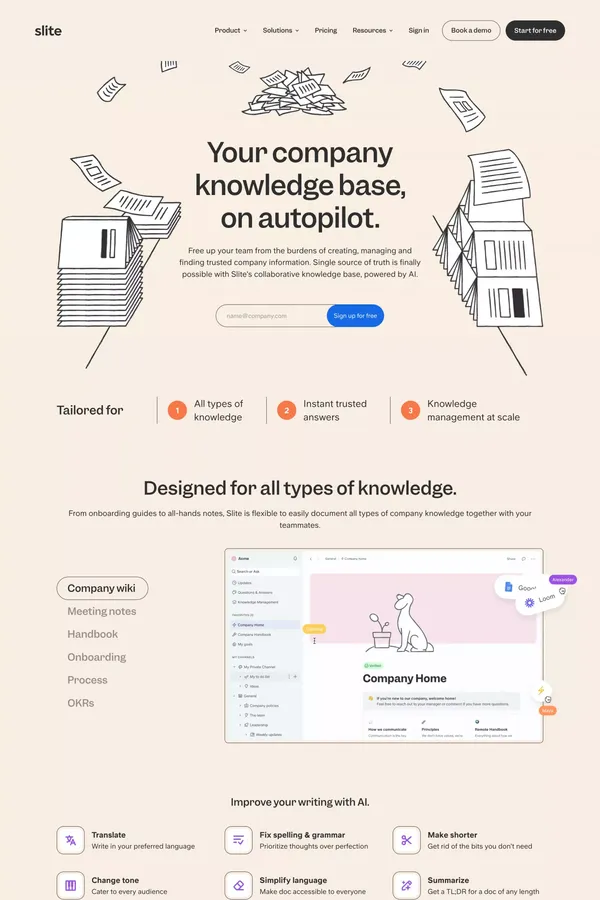 Slite - AI-powered knowledge base - Landing design inspiration