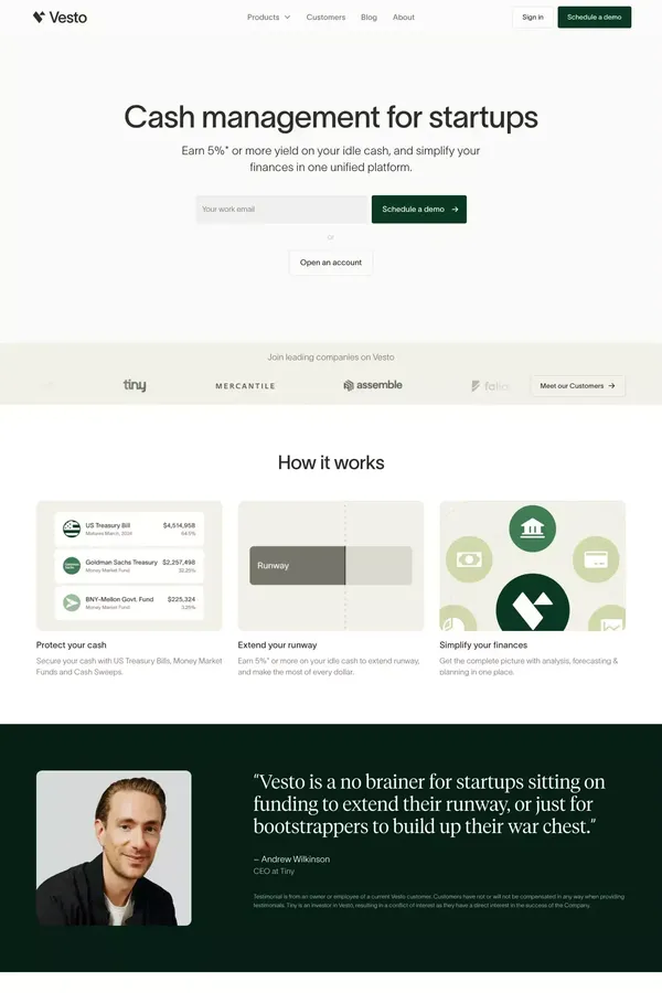 Vesto | Cash Management For Startups - Landing design inspiration