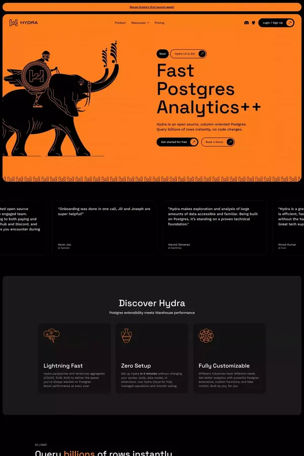 Hydra - Fast Postgres Analytics ++ - Landing design inspiration
