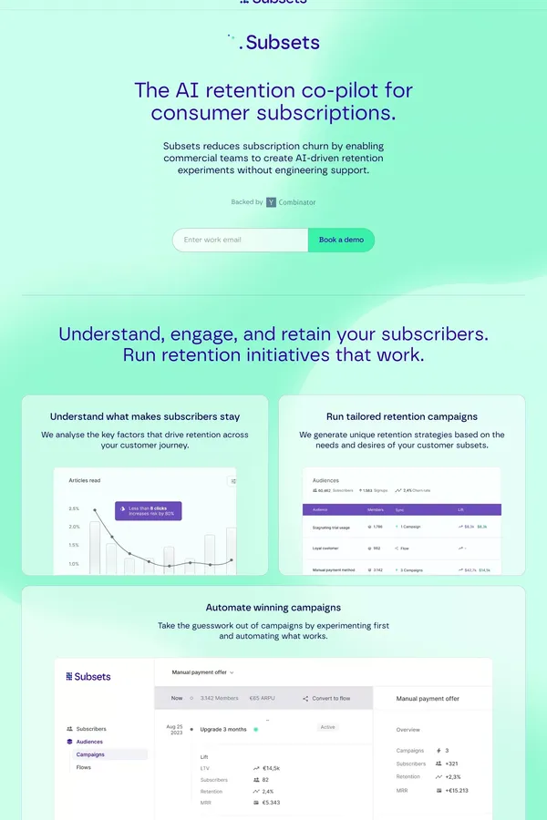 Subsets · The AI retention co-pilot for your subscription business. - website design inspiration