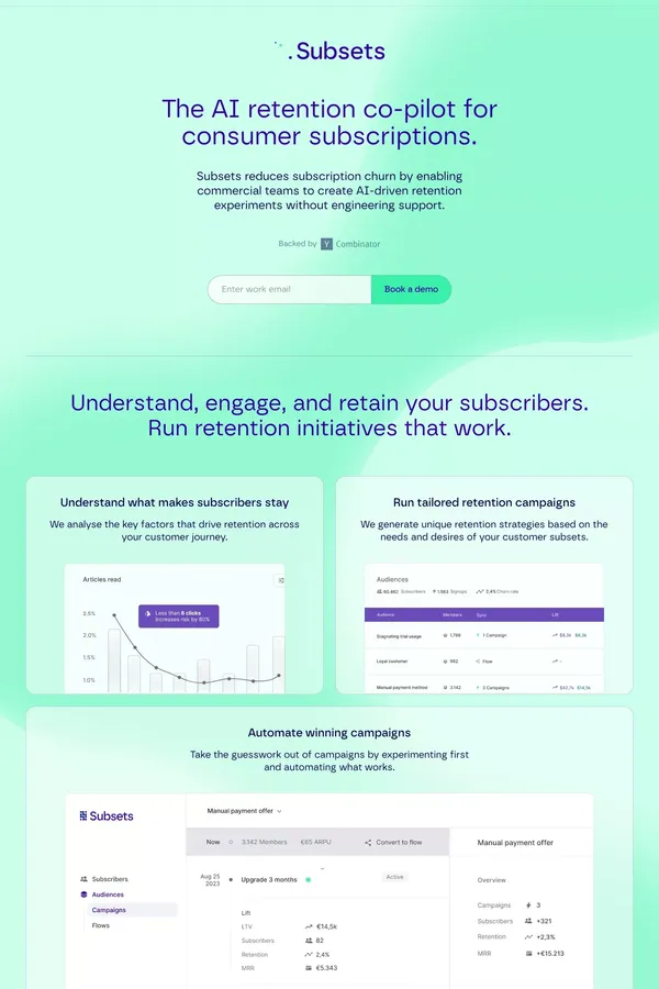 Subsets · The AI retention co-pilot for your subscription business. - Landing design inspiration