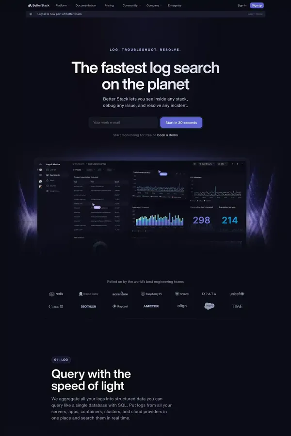 Logs (formerly Logtail) | Better Stack - Landing design inspiration