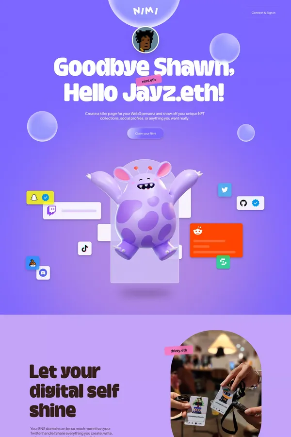 Nimi: Your Web3 social media but way better - Claim yours today - Landing design inspiration