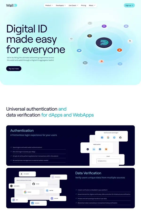The ultimate onboarding experience across the web2 and web3 through a
      Digital ID aggregator toolkit | WalliD - Landing design inspiration