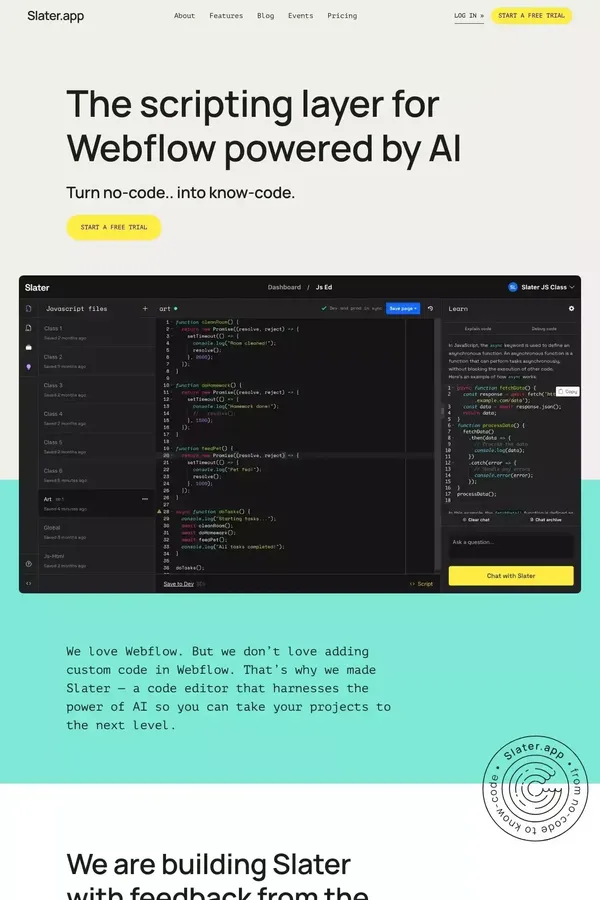 Slater | AI Custom Code Tool For Webflow Projects - Landing design inspiration