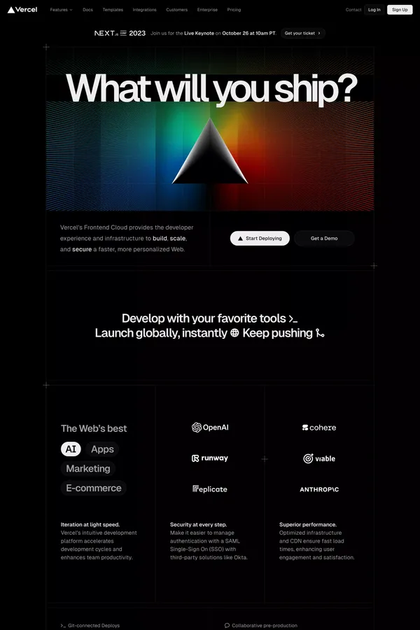 Vercel: Develop. Preview. Ship. For the best frontend teams - Landing design inspiration