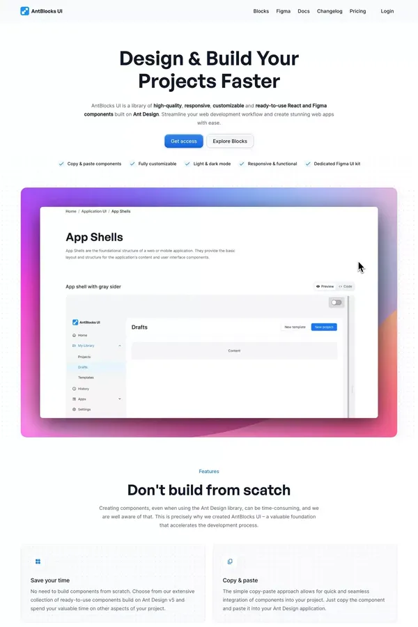 AntBlocks UI - Responsive React components built on Ant Design - Landing design inspiration