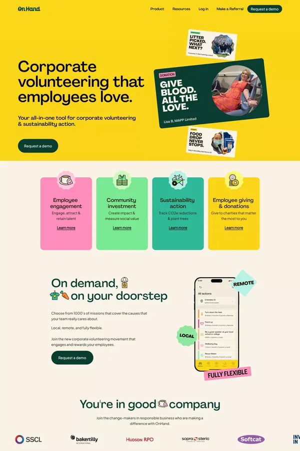 OnHand | Corporate Volunteering Made Easy | Engage employees In Doing Good - Landing design inspiration