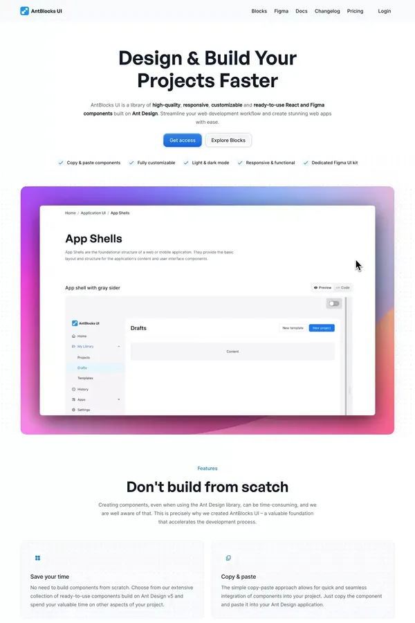 AntBlocks UI - Responsive React components built on Ant Design - Landing design inspiration