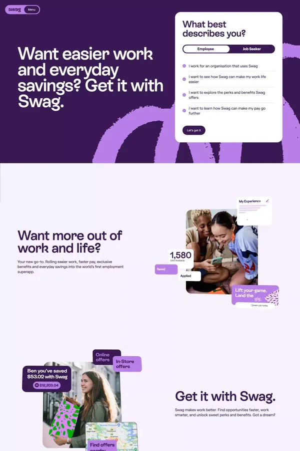 Swag: The All-in-one Superapp For Smarter Work, Career & Life. - Landing design inspiration