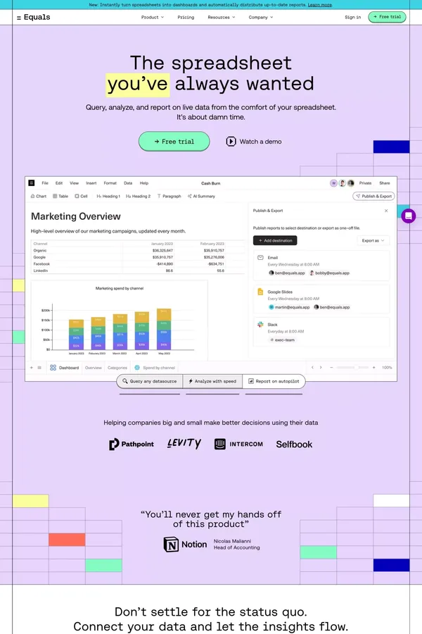 Equals | The next-generation spreadsheet - Landing design inspiration