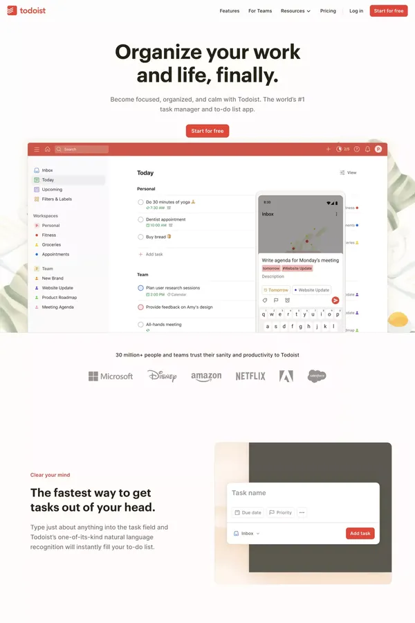 Todoist | A To-Do List to Organize Your Work & Life - Landing design inspiration