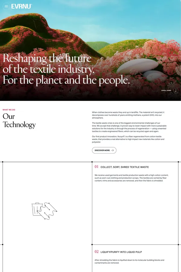 Evrnu® - a recycling textile supplier with a social purpose - Landing design inspiration