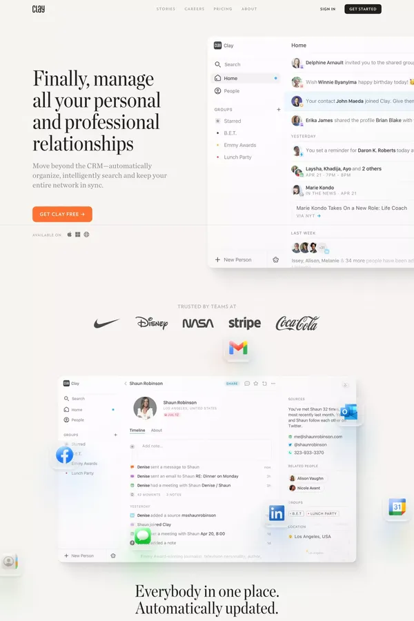 Clay - Be more thoughtful with the people in your network. - Landing design inspiration