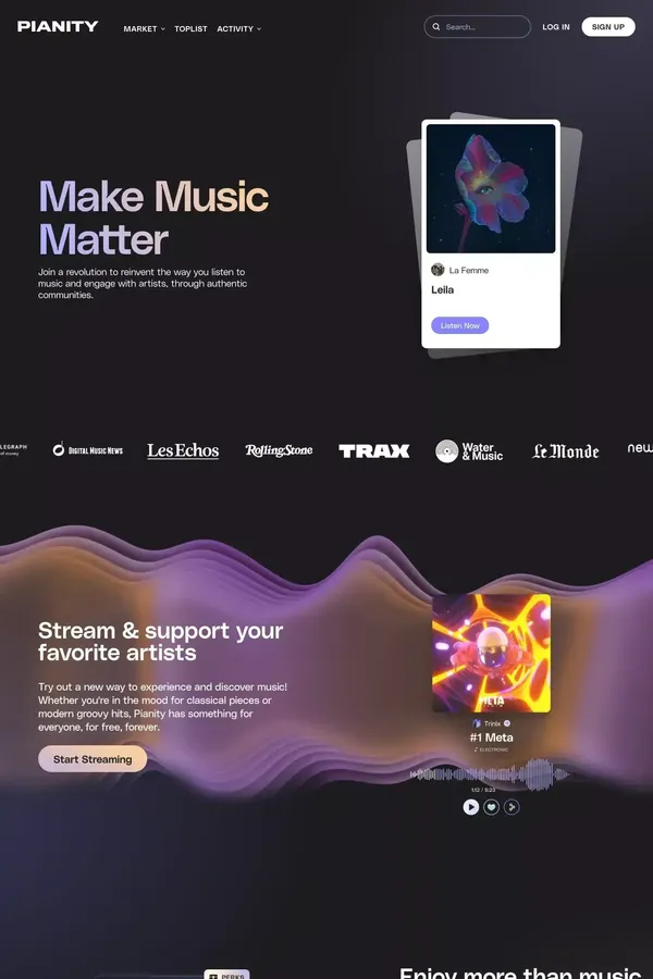 Pianity - Stream & Collect unique Musical Experiences - Landing design inspiration