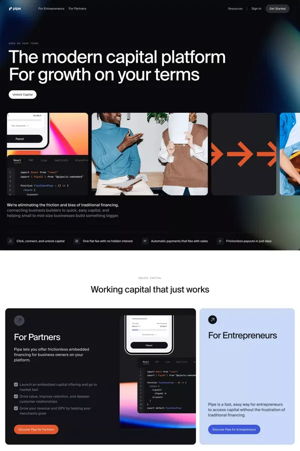 Pipe lets you turn future revenue into up-front capital - Landing design inspiration
