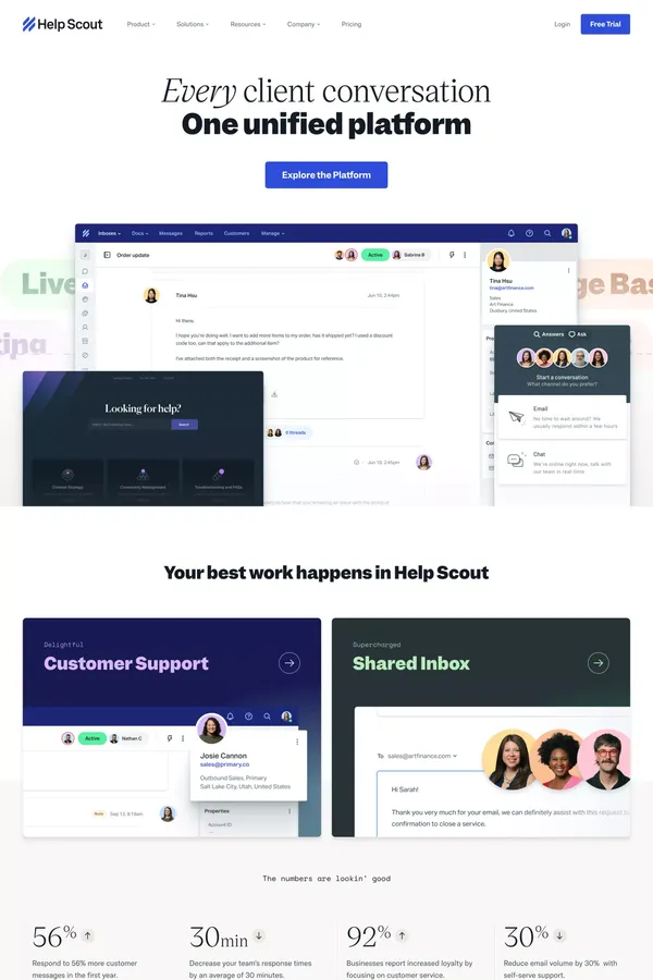 Help Scout: Shared Inbox, Help Center, & Live Chat Software - Landing design inspiration