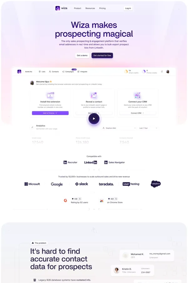 Email Finder for LinkedIn - B2B Database - Wiza - Landing design inspiration