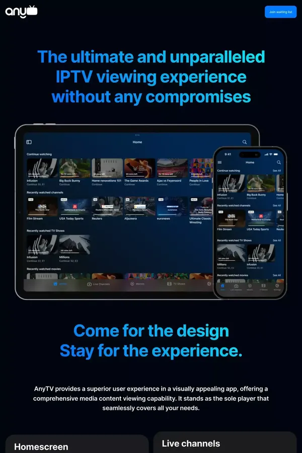 AnyTV IPTV Player – The ultimate and unparalleled IPTV viewing experience without any compromises - website design inspiration
