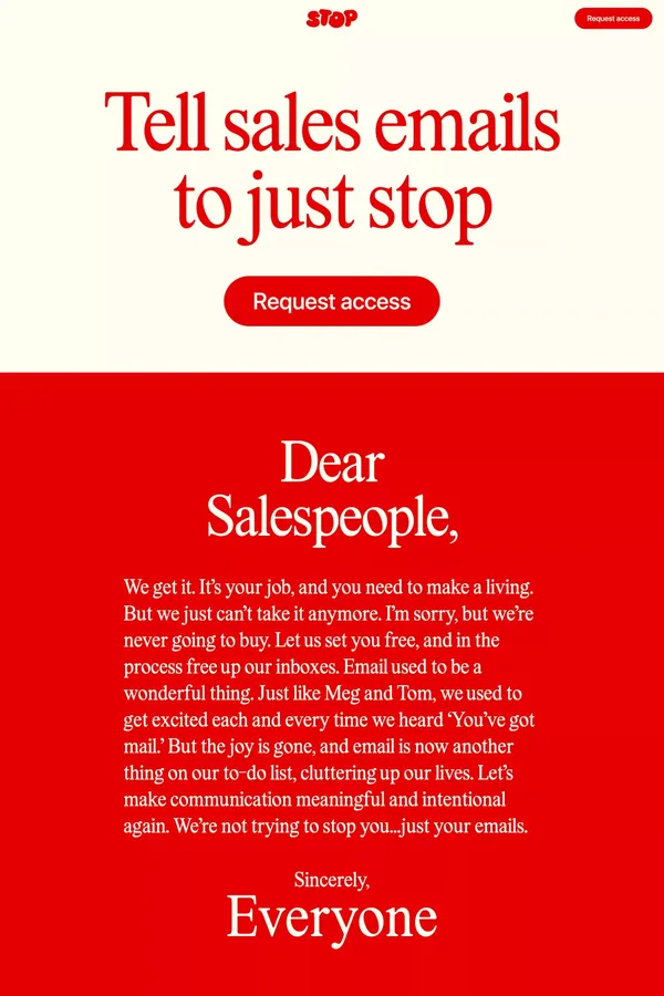 Tell sales emails to just stop | Stop - Landing design inspiration