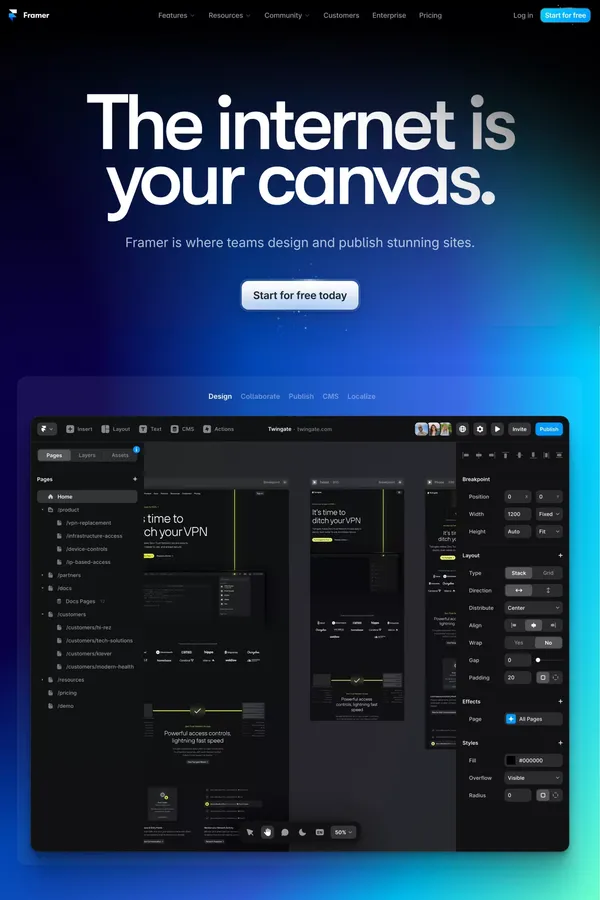 Framer - The internet is your canvas - Landing design inspiration