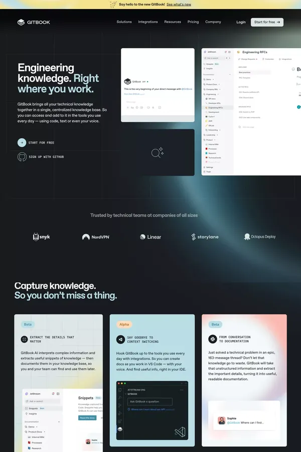 GitBook - Knowledge management for technical teams - Landing design inspiration