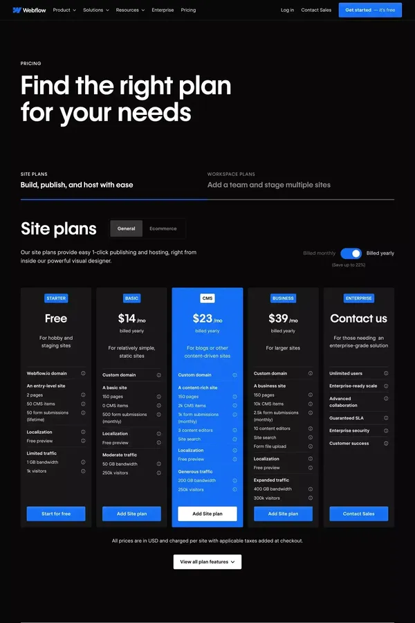 Plans & pricing | Webflow - Pricing design inspiration