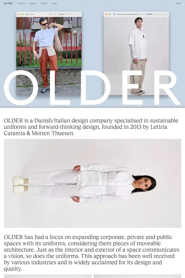 OLDER | Sustainable Uniforms | Bespoke | Service Wear - Ecommerce design inspiration