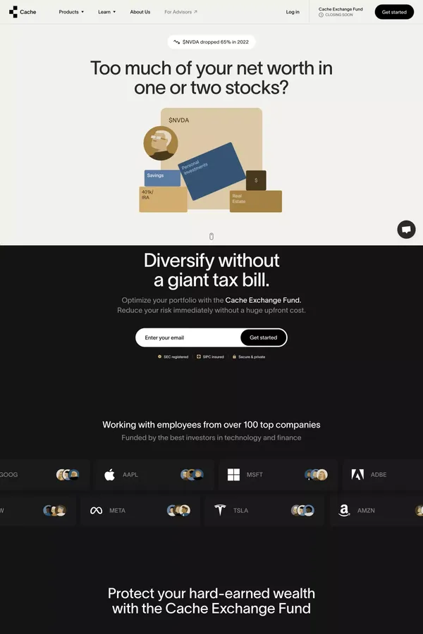 Cache | A modern brokerage for your large stock positions - Landing design inspiration