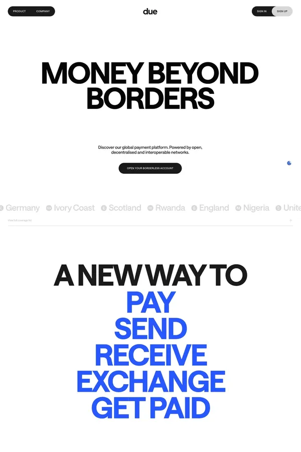 Due – Money beyond borders - Landing design inspiration