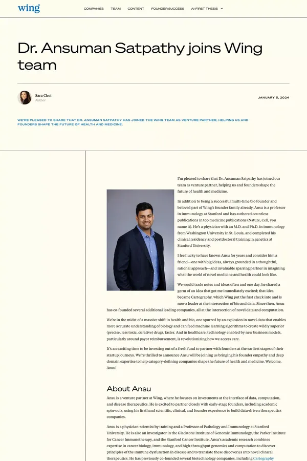Dr. Ansuman Satpathy joins Wing team | Wing Venture Capital - Blog Post design inspiration