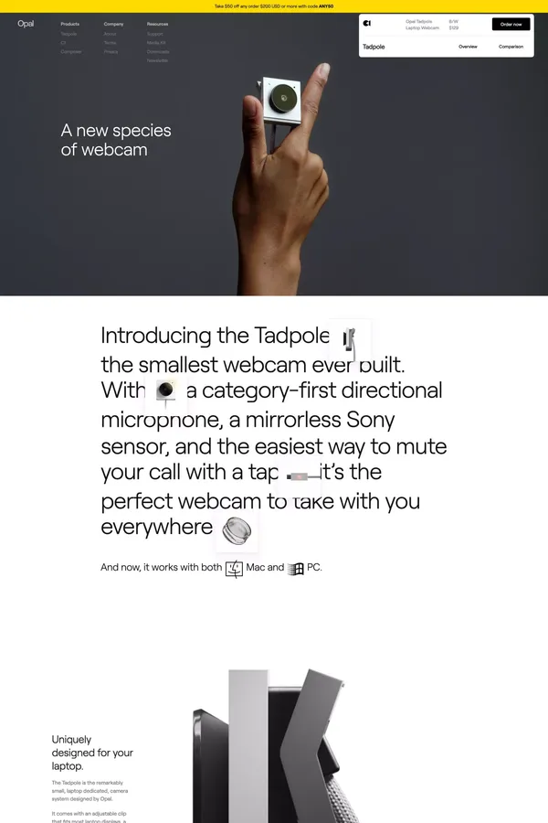 Opal Tadpole — The first portable webcam - Landing design inspiration