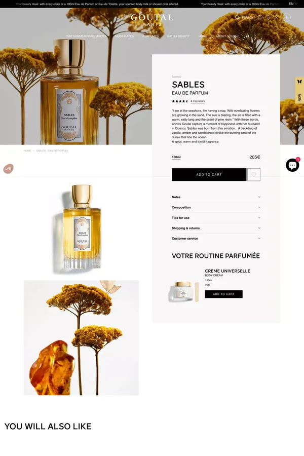 Sables Eau de Parfum - Oriental fragrance | Goutal Paris - Product page design inspiration