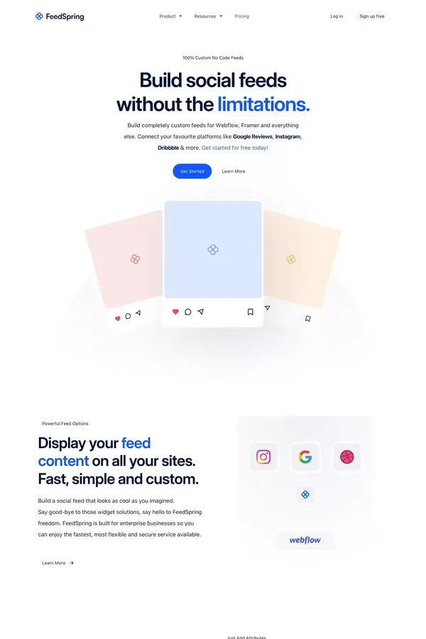 FeedSpring - 100% Custom Feeds for Webflow & Framer - Landing design inspiration