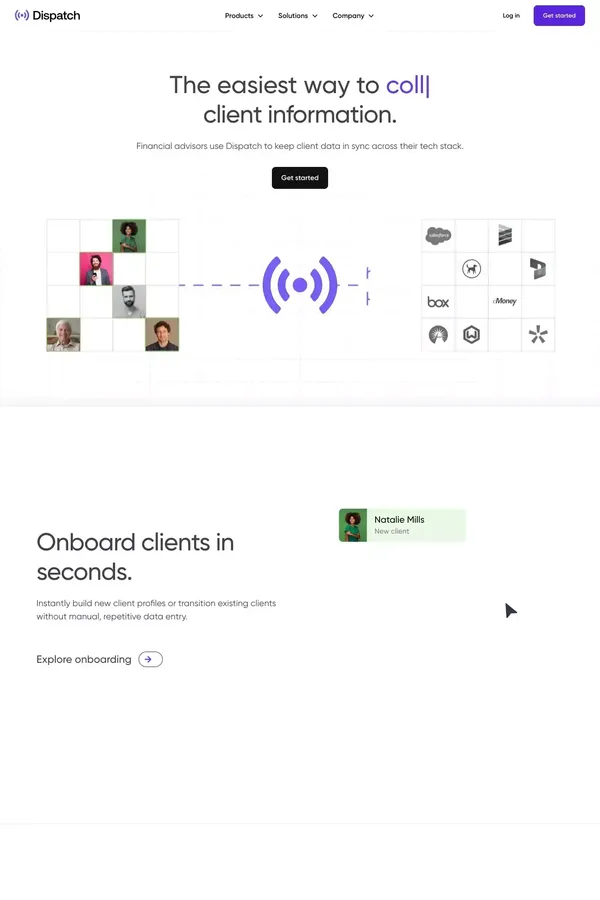Easily collect, sync, and manage client data | Dispatch - Landing design inspiration