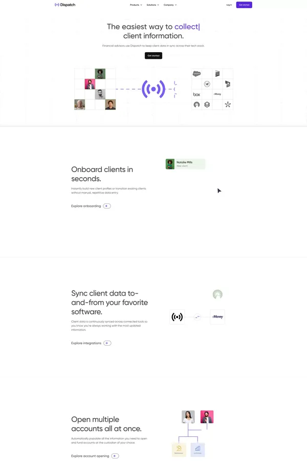 Easily collect, sync, and manage client data | Dispatch - Landing design inspiration