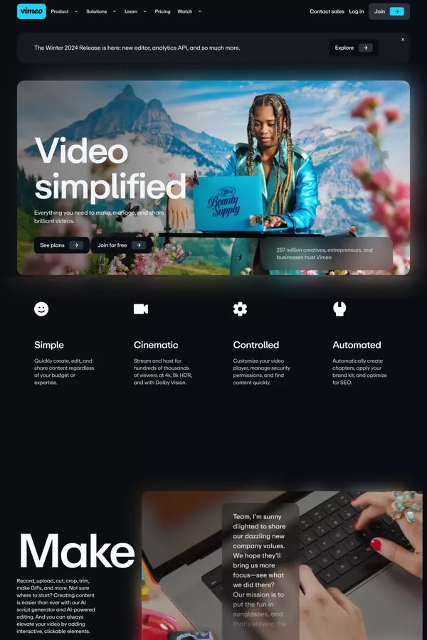 Vimeo - Video Experience Platform with AI - Landing design inspiration