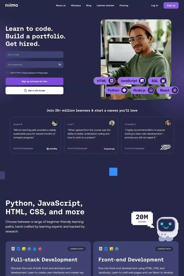 Learn to Code with Mimo: Python, JavaScript, HTML, CSS, and More - Landing design inspiration