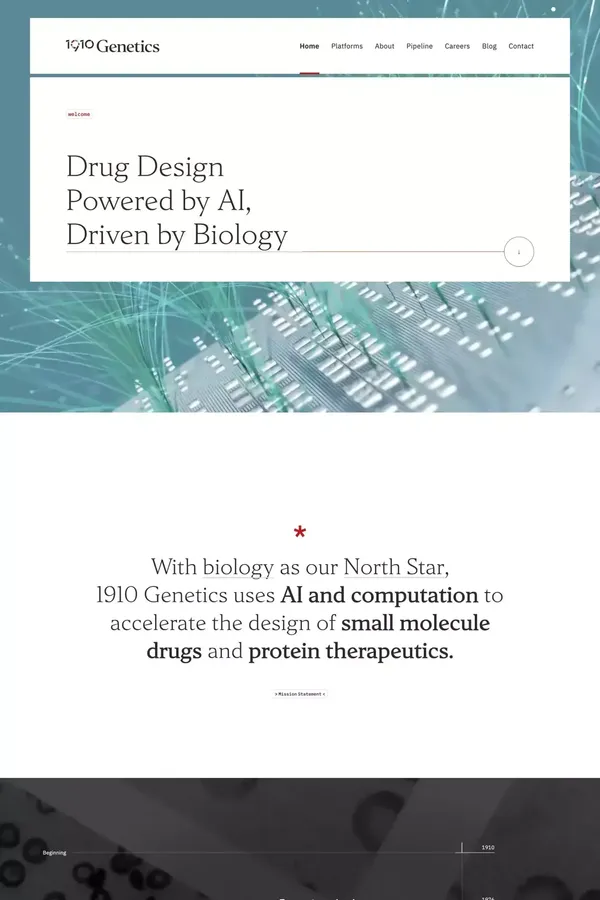 1910 Genetics — Drug Design Powered by AI, Driven by Biology - Landing design inspiration