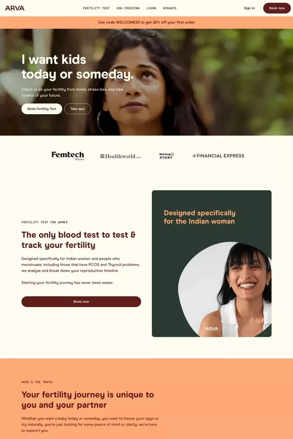 Arva | Fertility on your timeline - Landing design inspiration