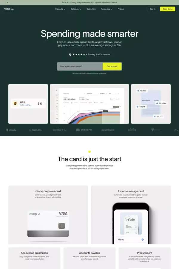 Spend Management, Corporate Cards & Accounts Payable Solutions | Ramp - Landing design inspiration
