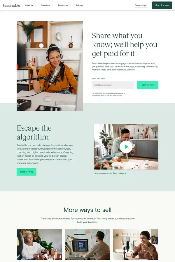 Teachable: Sell Courses, Coaching and Digital Downloads - Landing design inspiration